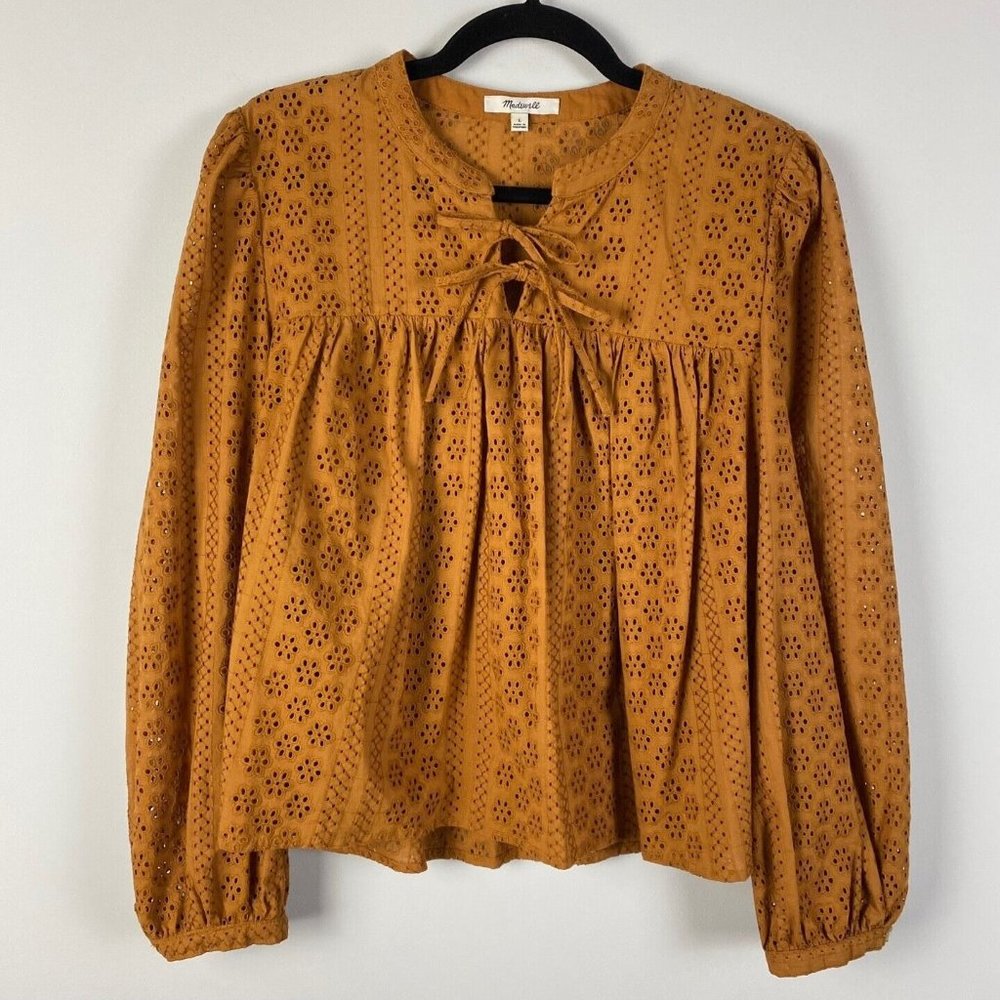 Madewell Blouse Womens L Orange Eyelet Double Tie Peasant Top Shirt